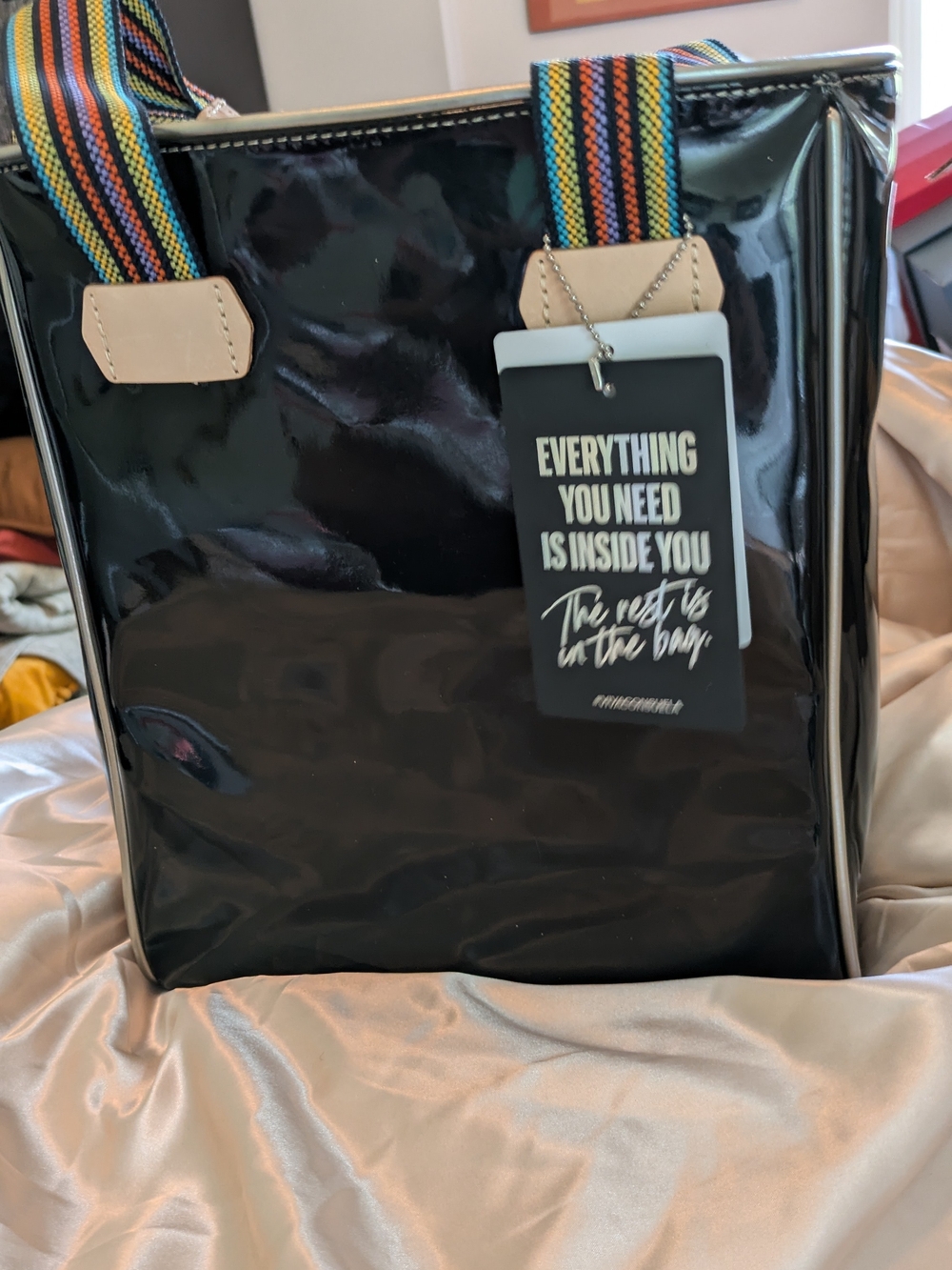 CONSULA Black Patent & Floral Embroidered Tote with Multicolor Accents - Picture 2 of 14